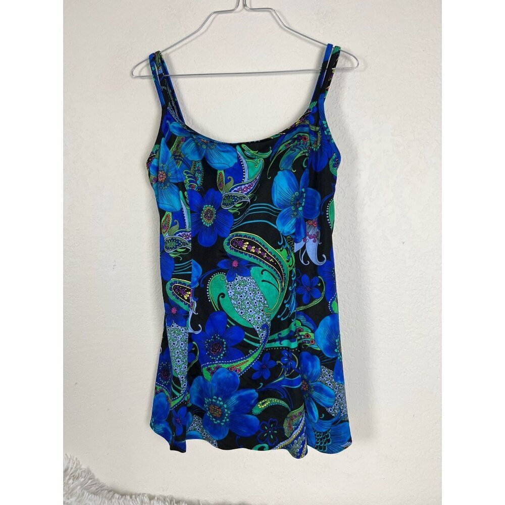 Croft & Barrow 12 Swimsuit Dress One Piece Bathing Suit Floral Paisley Blue